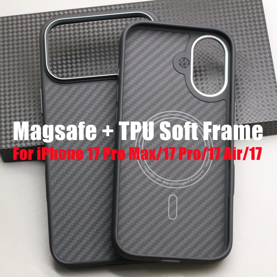 iPhone 17 Series Carbon Fiber MagSafe Case – Kevlar Aramid + Soft TPU Frame